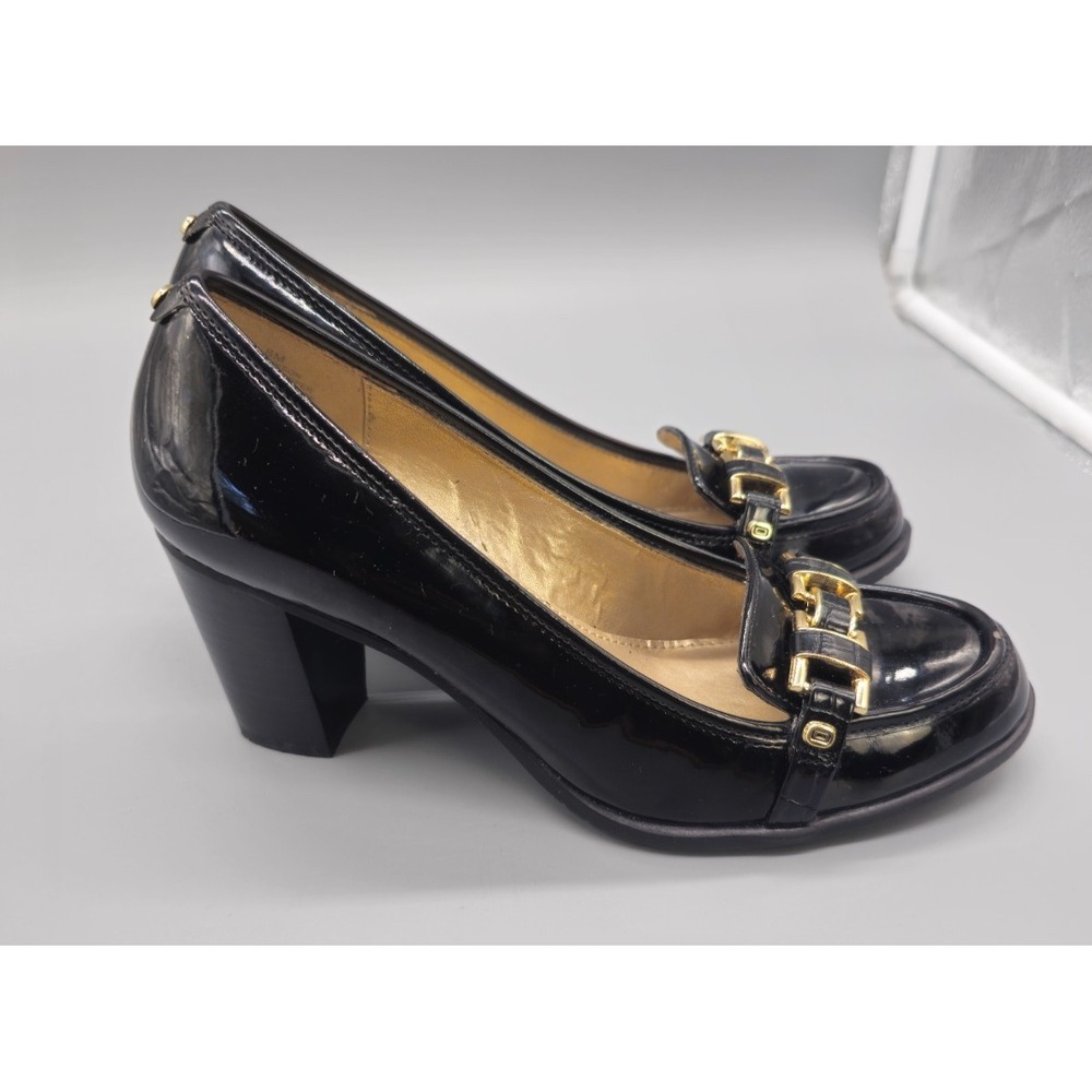 Vintage Y2K  Block Chunky Heel Black Patent Leather Loafers Size 8 M Gold Strap